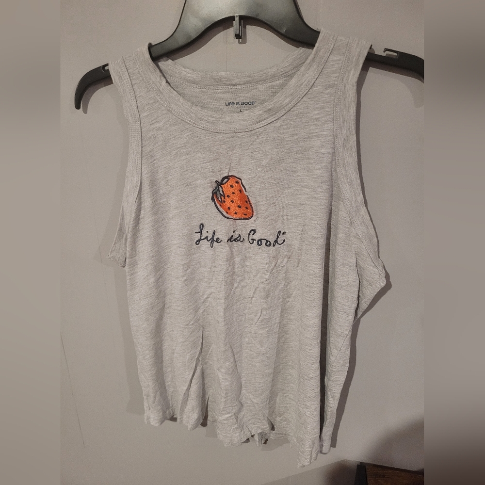 Life is Good Gray Tank Top with Strawberry Design